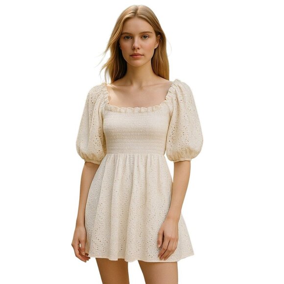 Cleobella Ivory Eyelet Puff Sleeve Cotton Mini Dress Small Cottagecore Preowned - Picture 1 of 8